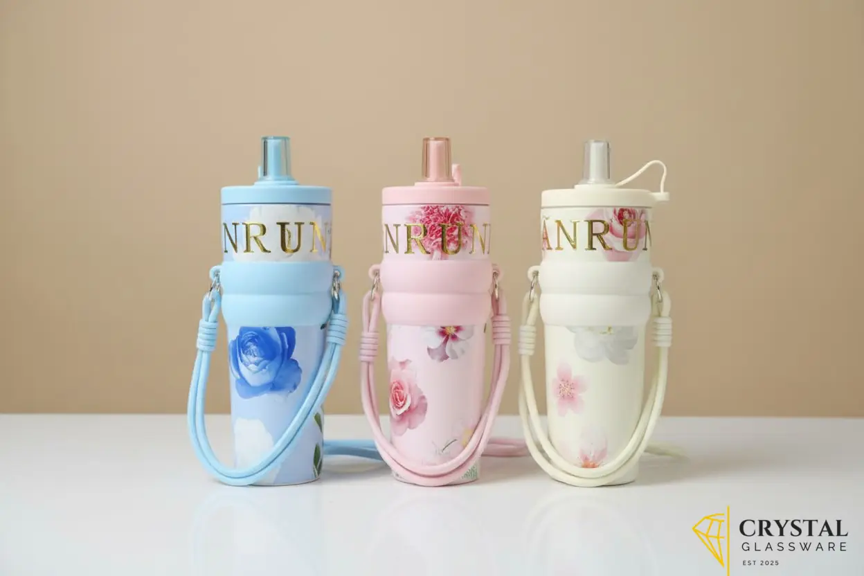 Floral NRUN stainless steel straw tumbler in the center features a silicone grip sleeve and a matching carrying — Crystal Glassware Pakistan